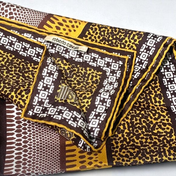 Roberto Cavalli Designer Silk Square Scarf Animal Print Gold Brown 34"x34" - Picture 4 of 10